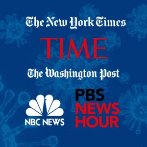 covid illustration. Logos of NY times, Times, Washington Post, NBC News and PBS News Hour